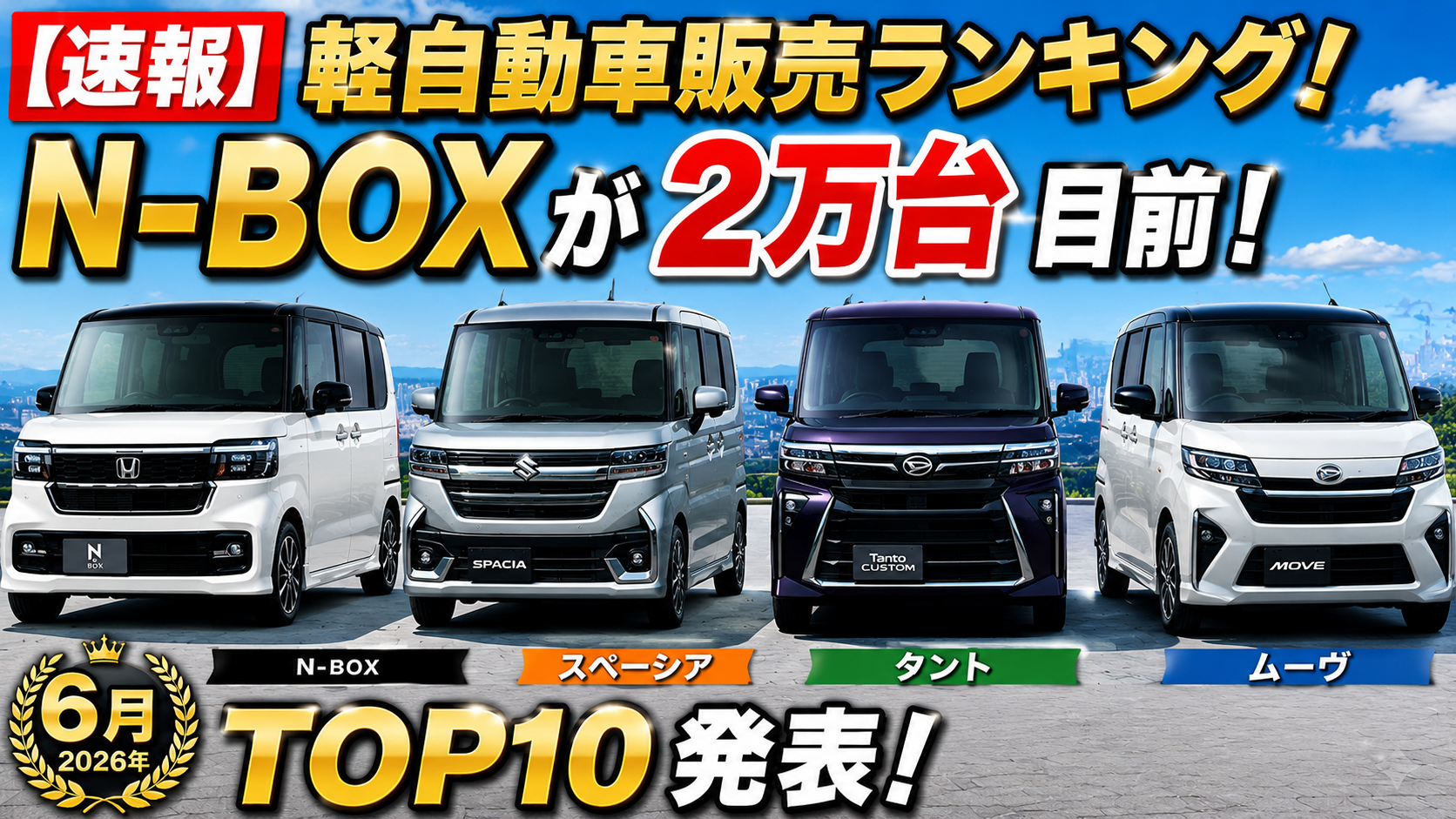 【2026年6月】軽自動車販売ランキングTOP10！N-BOXが2万台目前！5月との違いを徹底比較