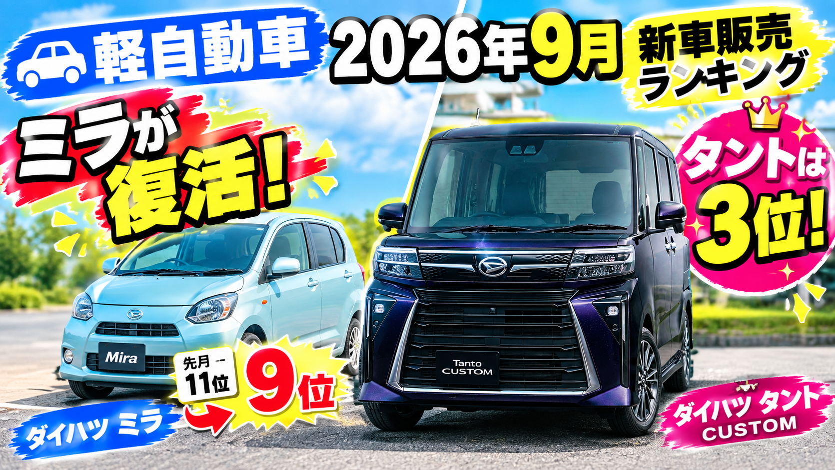 【軽自動車】2026年9月新車販売ランキング！ミラが復活、タントは今月も3位！